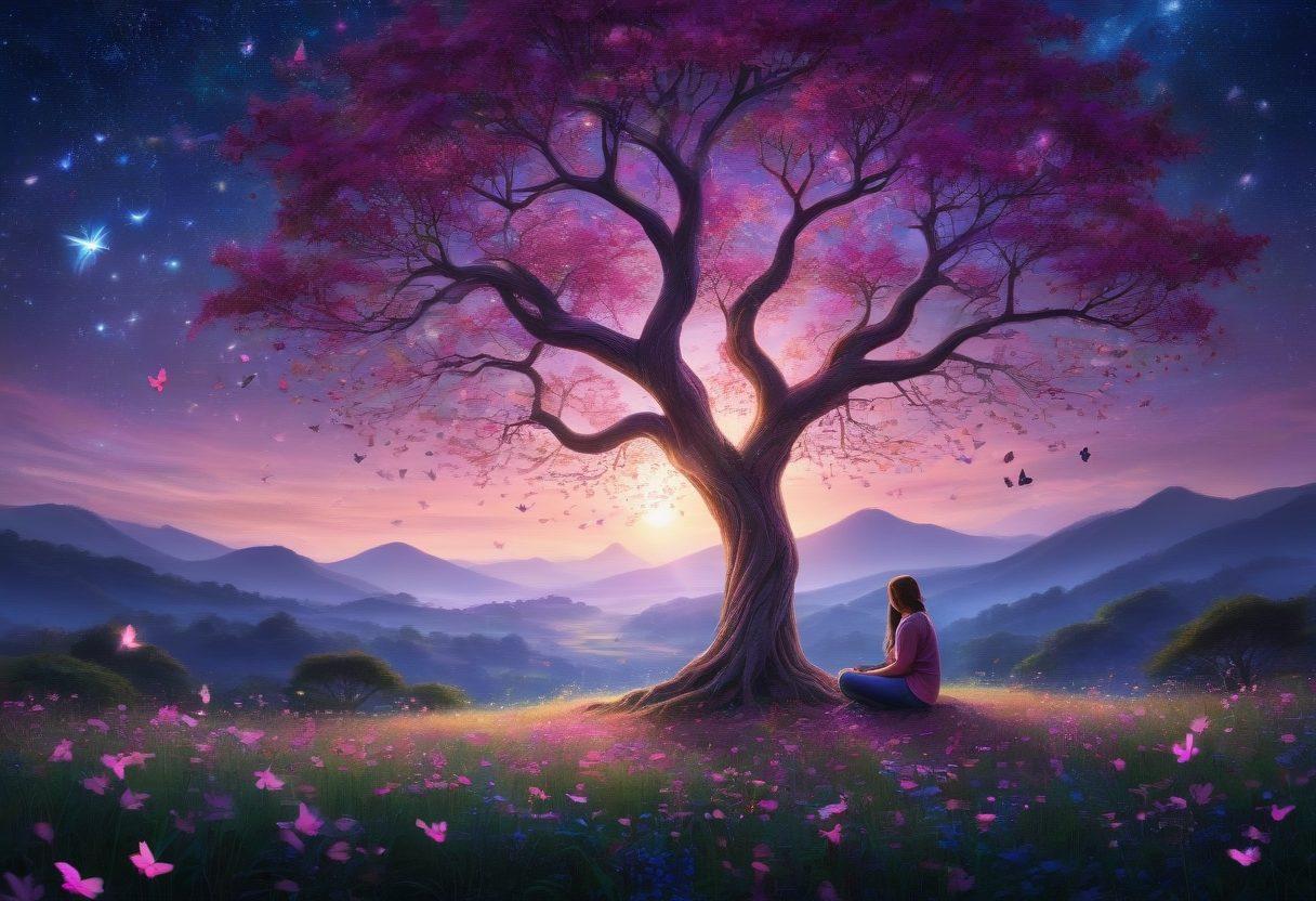 A serene landscape featuring a glowing heart-shaped tree under a starlit sky, with ethereal light beams symbolizing love and spiritual energy. In the foreground, a couple meditates together, surrounded by shimmering butterflies and whimsical symbols of growth. Vibrant colors and soft, dreamlike elements enhance the romantic atmosphere. surrealism. vibrant colors. night scene.