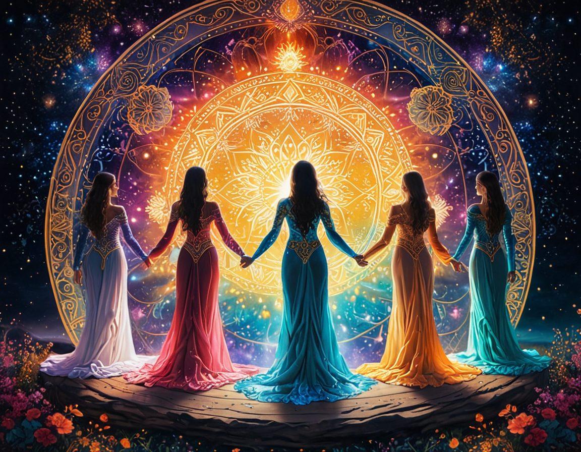 Create an enchanting scene that blends elements of spirituality and connection, featuring ethereal figures sharing energy through vibrant auras. Include symbols of psychic phenomena like crystals, tarot cards, and a glowing third eye, surrounded by captivating mandalas and visualization tools. The atmosphere should evoke a sense of harmony and empowerment, fusing dreamlike imagery with realism. super-realistic. vibrant colors. mystical background.